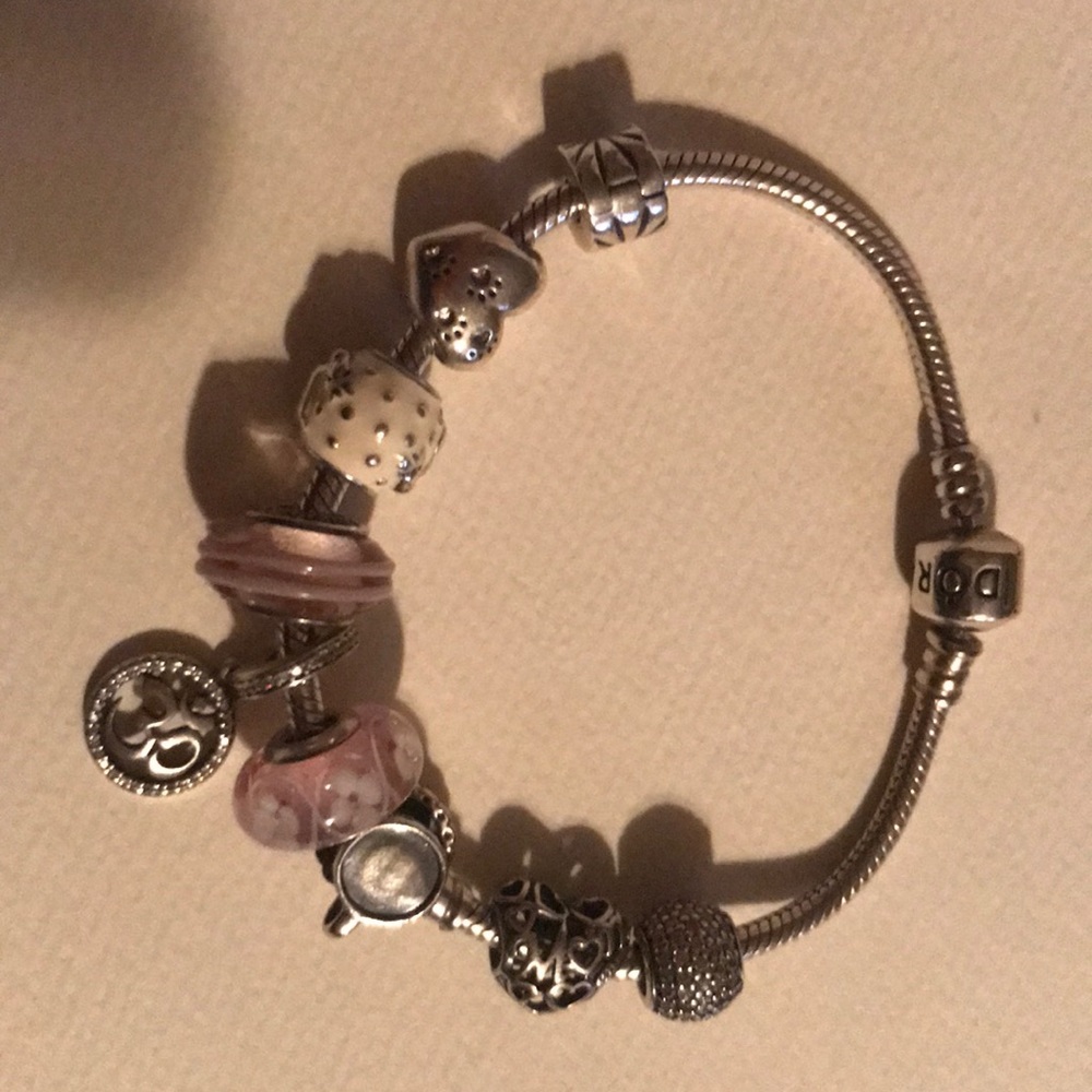 Pandora Bracelet with 8 charms and one clip